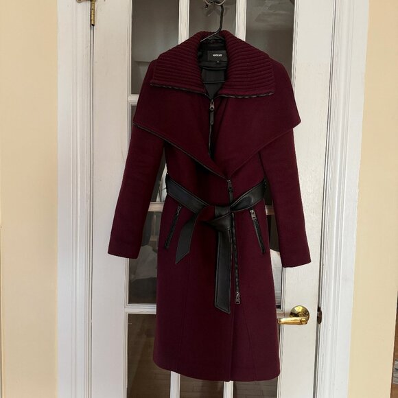 Mackage Nori Wool Coat with Leather Belt, Size S, Wine/Burgundy - Picture 1 of 6